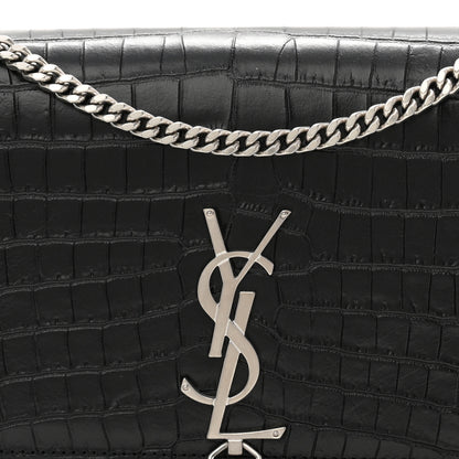 Saint Laurent Calfskin Crocodile Embossed Medium Classic Monogram Kate Tassel Satchel Black 8 of 10