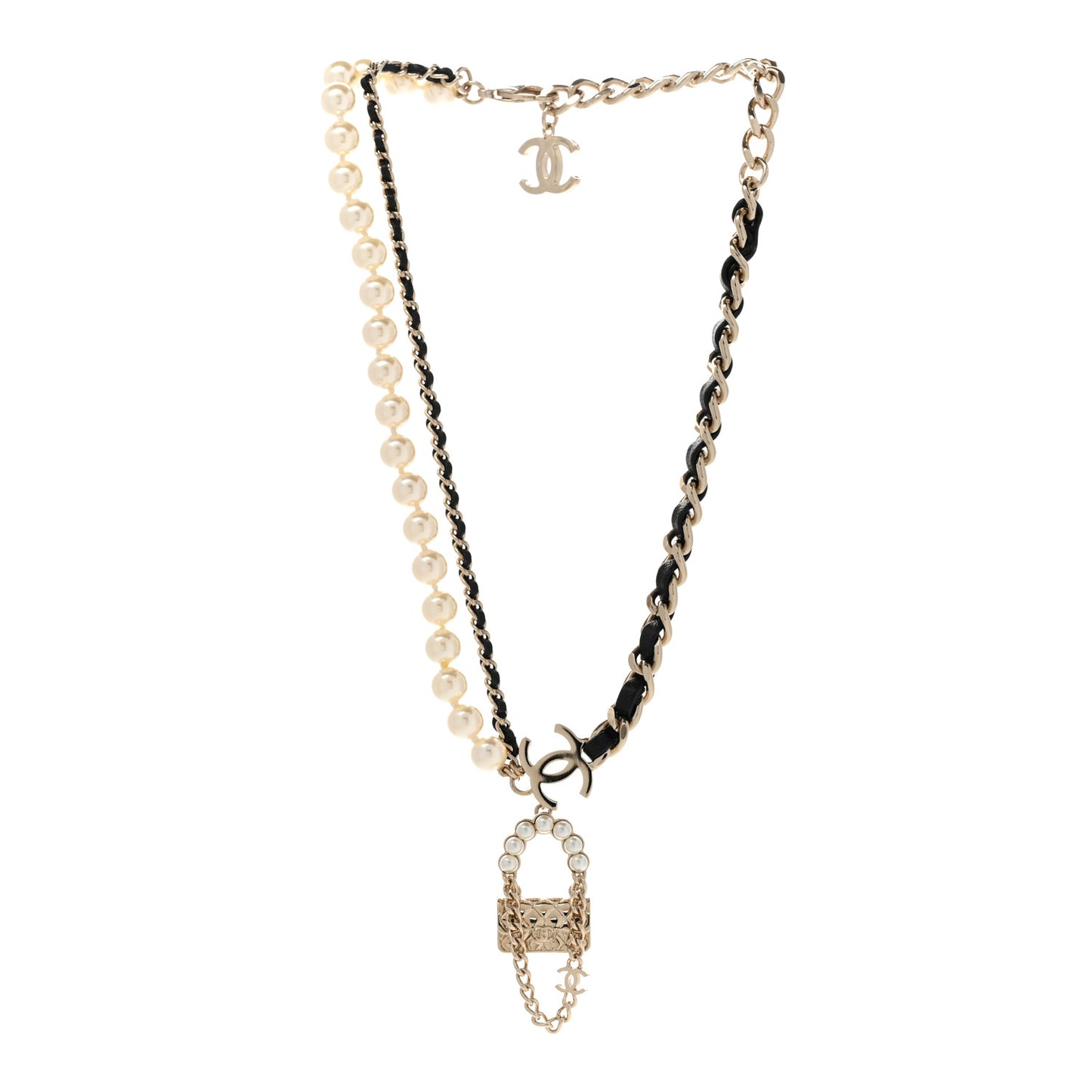 Lambskin Pearl Quilted Flap Necklace Gold Black Pearly White