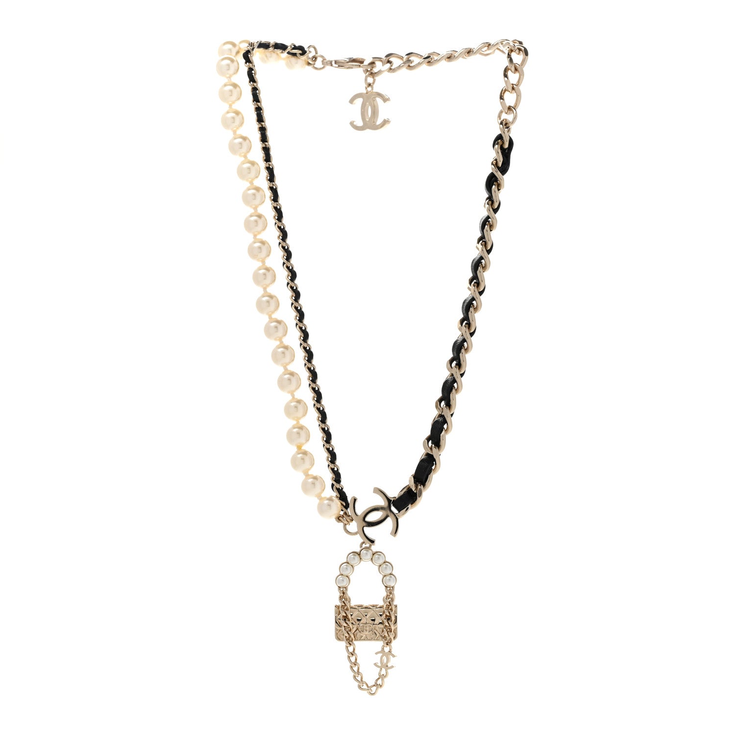 Chanel Lambskin Pearl Quilted Flap Necklace Gold Black Pearly White 3 of 7