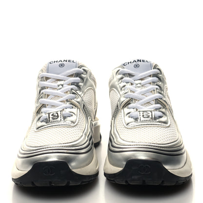 Chanel Fabric Laminated Calfskin Stretch CC Sneakers 38.5 White Silver 2 of 8