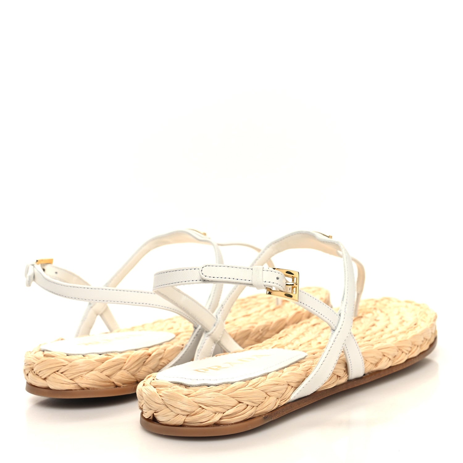 Prada Raffia Metal Triangle Logo Woven Slingback Flat Thong Sandals 40 White 6 of 10