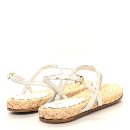 Prada Raffia Metal Triangle Logo Woven Slingback Flat Thong Sandals 40 White 6 of 10