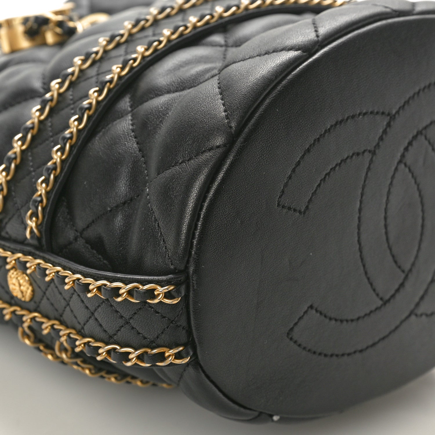 Chanel Lambskin Quilted Chain Bucket Drawstring Bag Black 9 of 10