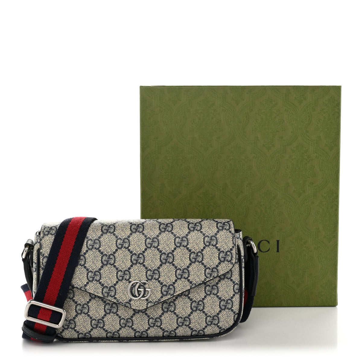 Gucci GG Supreme Monogram Textured Dollar Calfskin Web Mini Ophidia Envelope Shoulder Bag Beige Blue 11 of 11