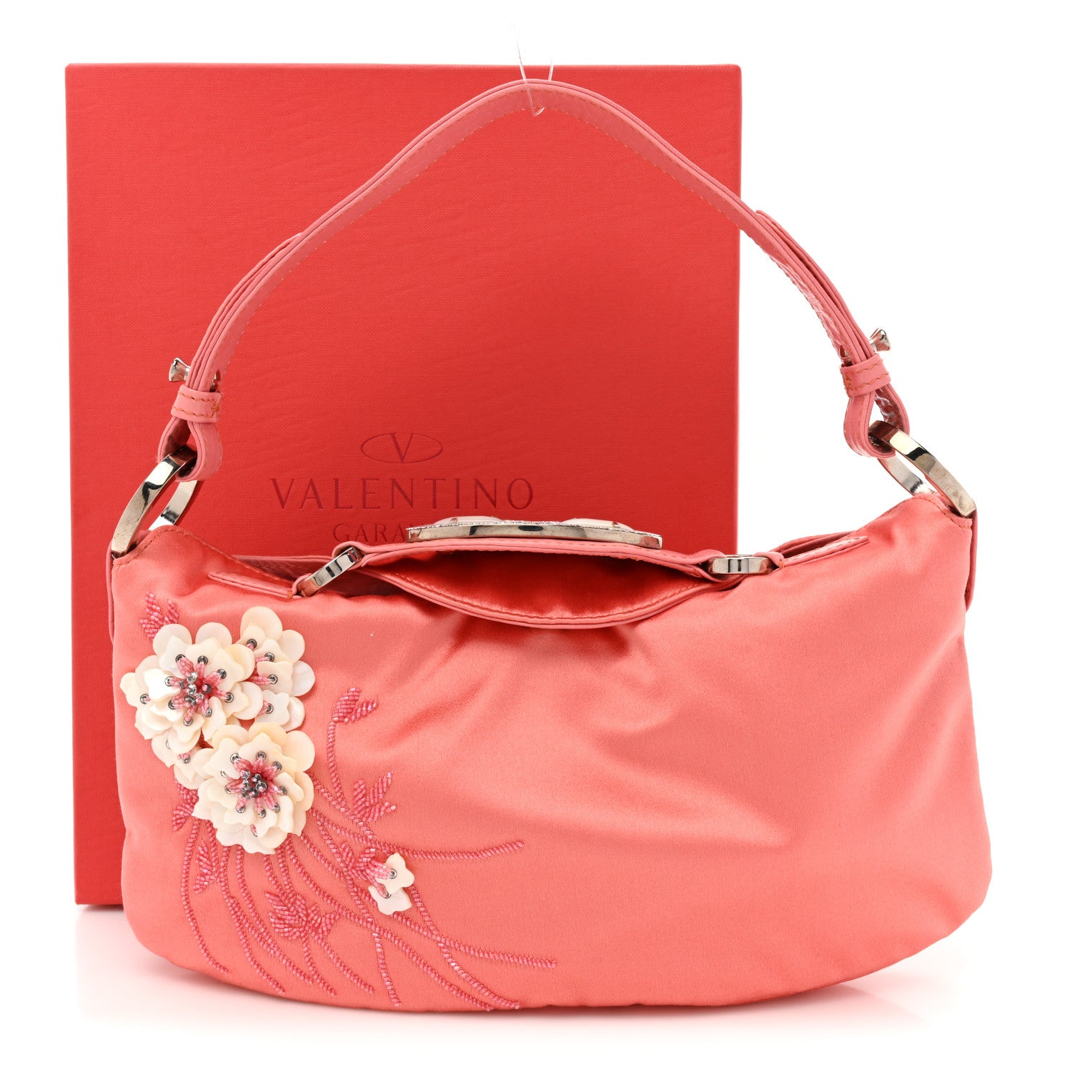 Valentino Garavani Satin Crystal Sequin Floral Embellished Shoulder Bag Coral 11 of 11