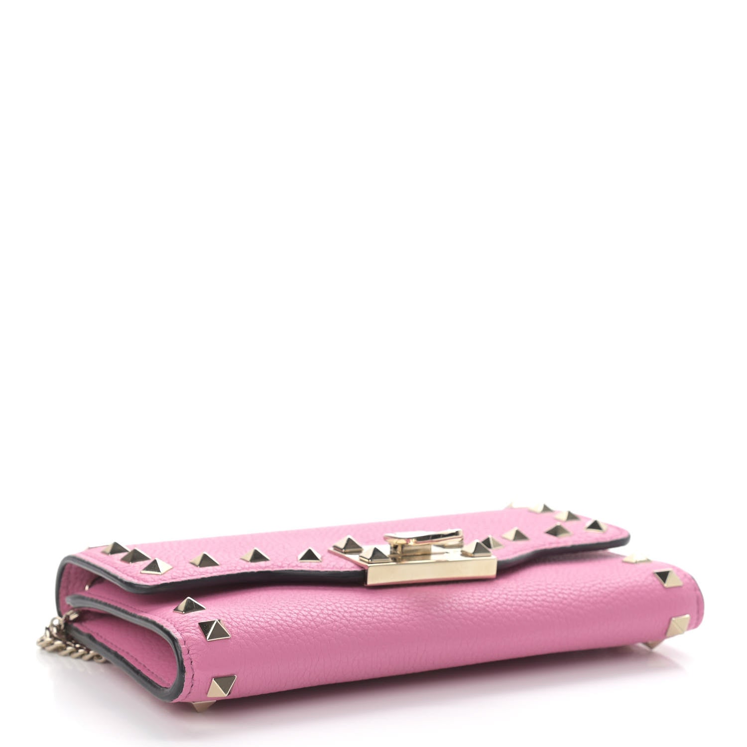 Valentino Garavani Pebbled Calfskin Rockstud Flip Lock Wallet On Chain Dawn Pink 3 of 9