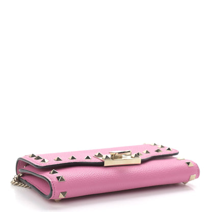 Valentino Garavani Pebbled Calfskin Rockstud Flip Lock Wallet On Chain Dawn Pink 3 of 9