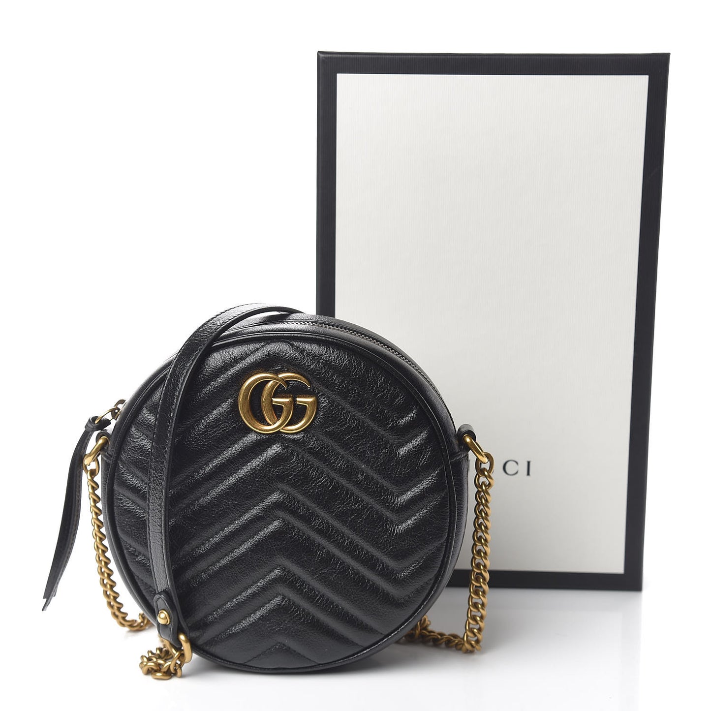 Azalea Calfskin Matelasse Heart Mini GG Marmont Round Shoulder Bag Black