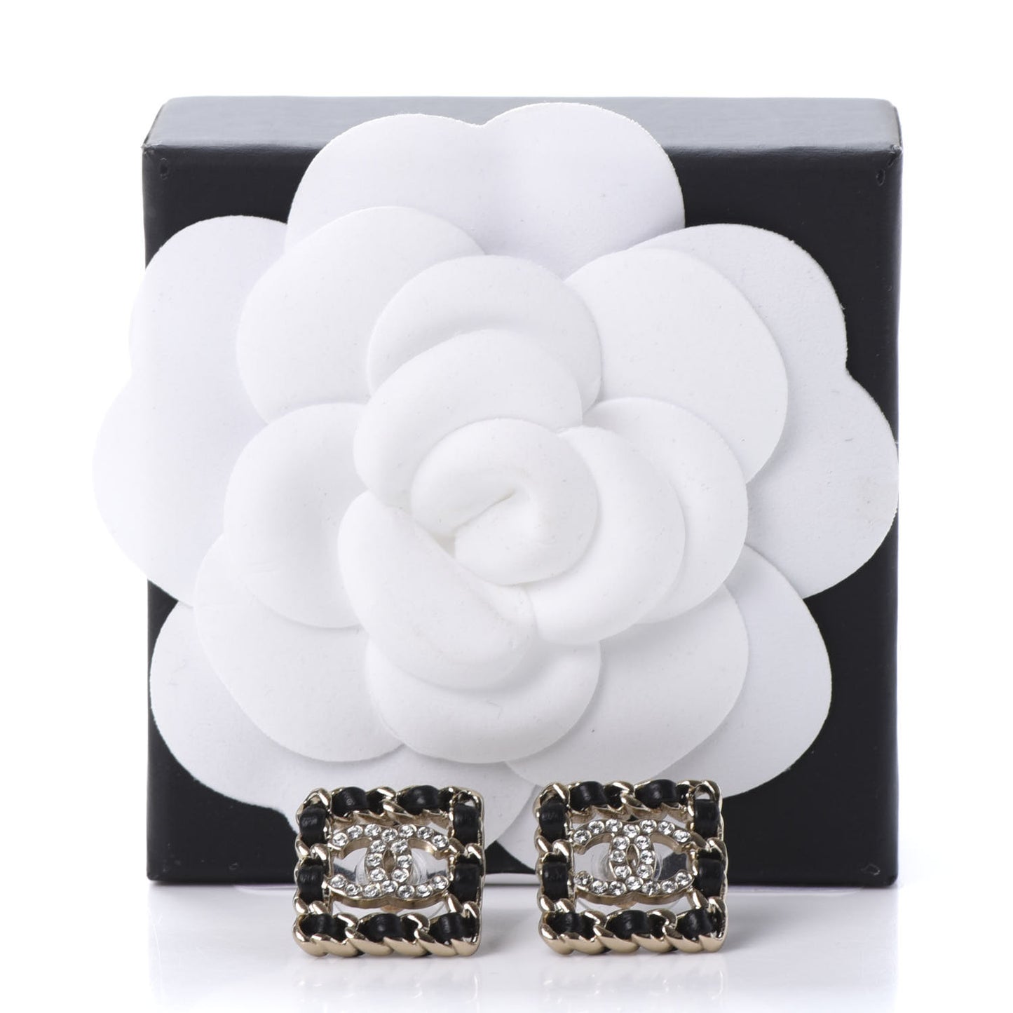 Crystal Lambskin Chain Sergeant Stud Earrings Black Gold