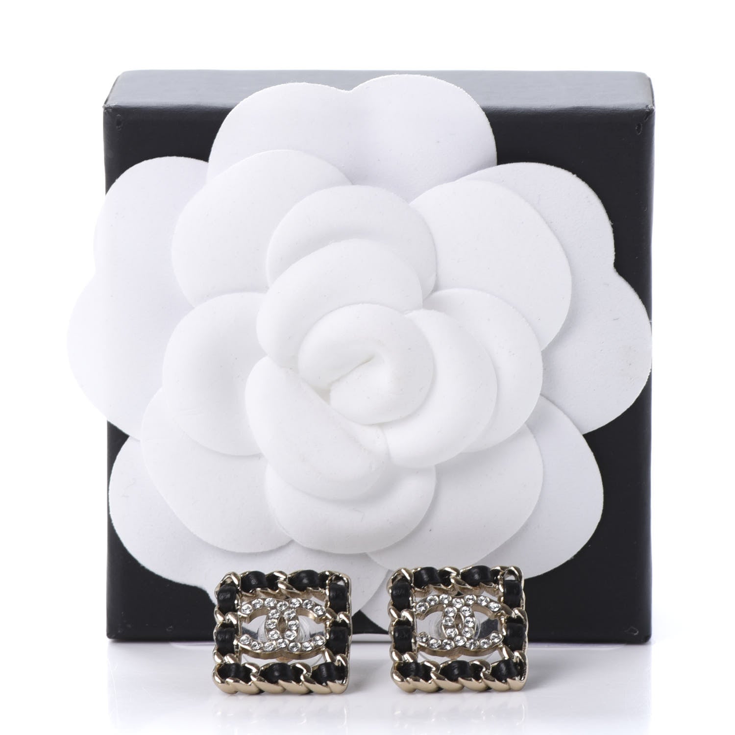 Chanel Crystal Lambskin Chain Sergeant Stud Earrings Black Gold 6 of 6