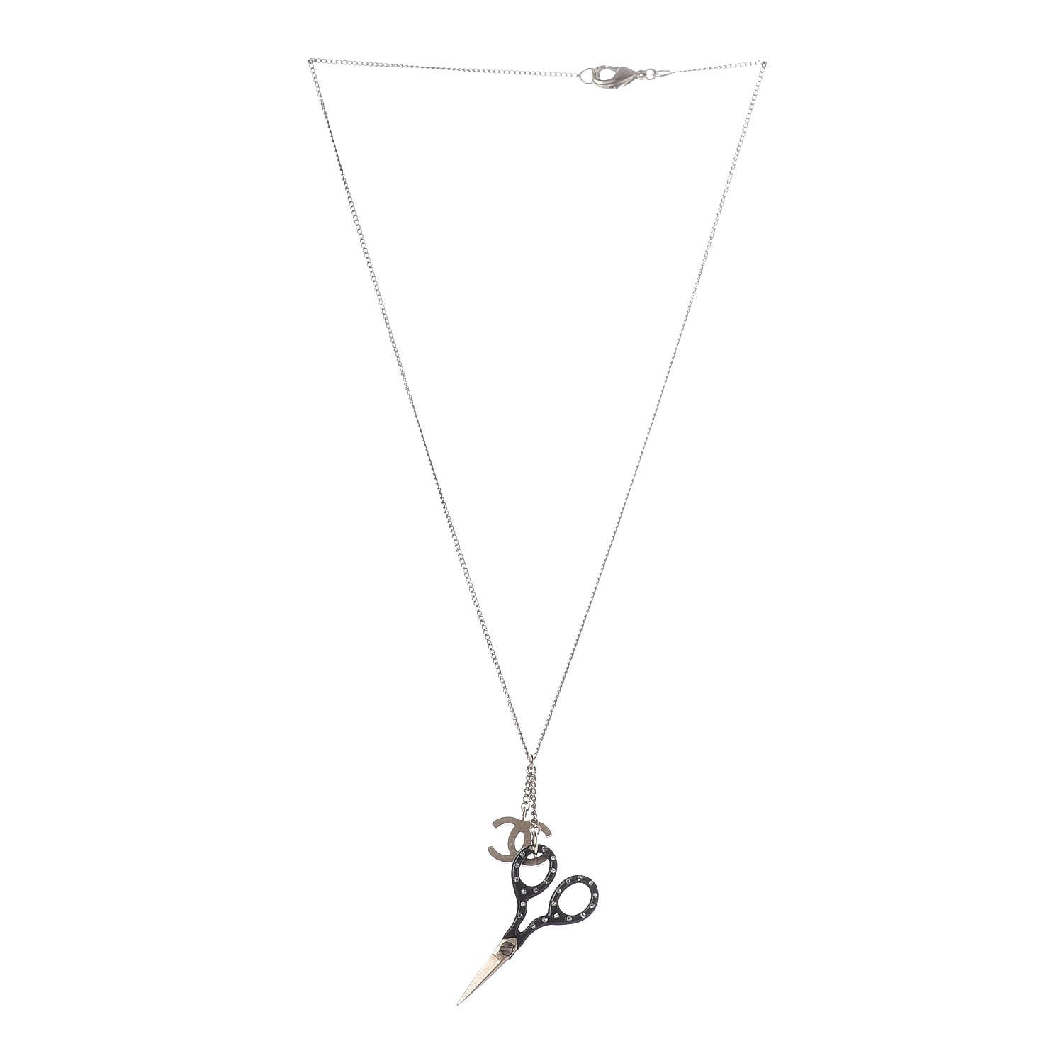 Chanel Crystal Resin Scissors CC Pendant Necklace Black Gold 3 of 6
