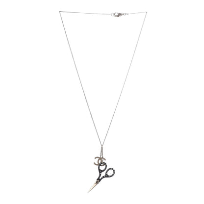 Chanel Crystal Resin Scissors CC Pendant Necklace Black Gold 3 of 6