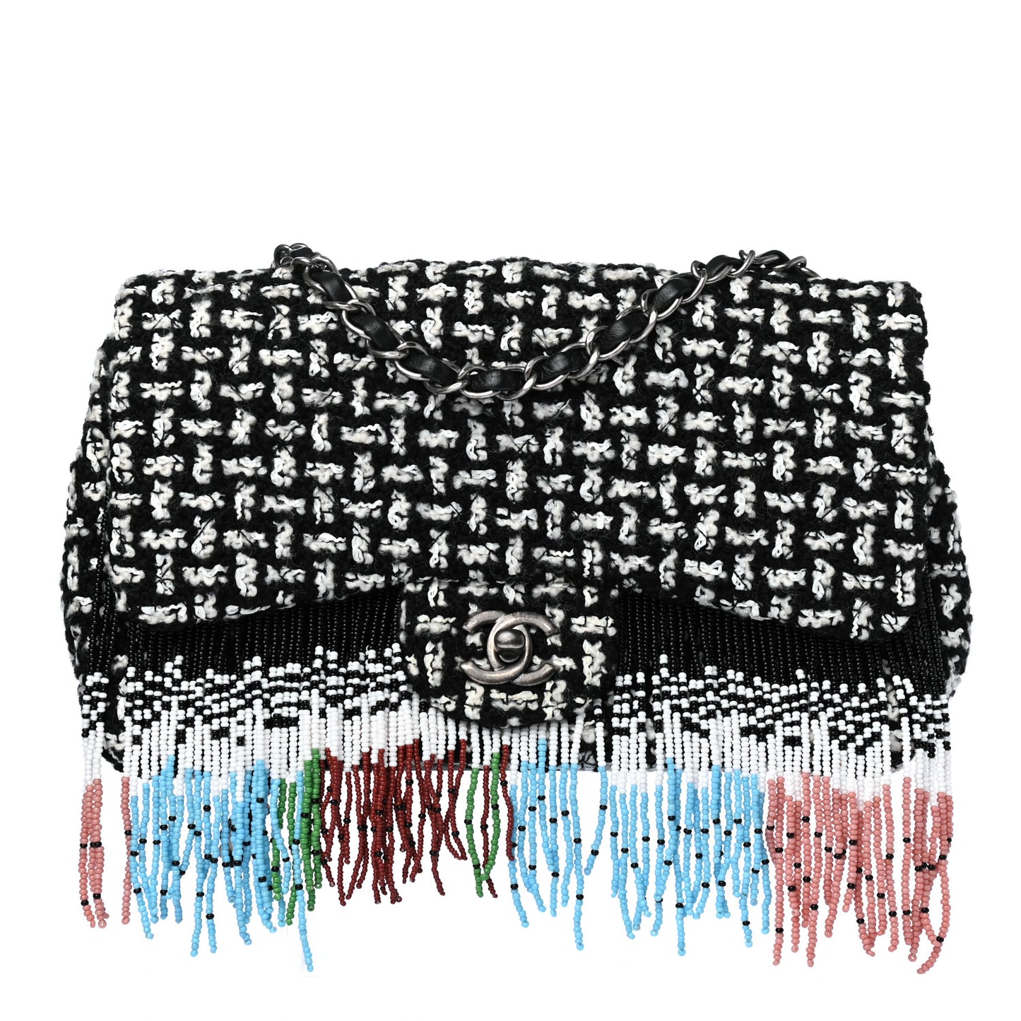 Tweed Beaded Fringe Flap Black White