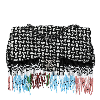 Chanel Tweed Beaded Fringe Flap Black White 1 of 5