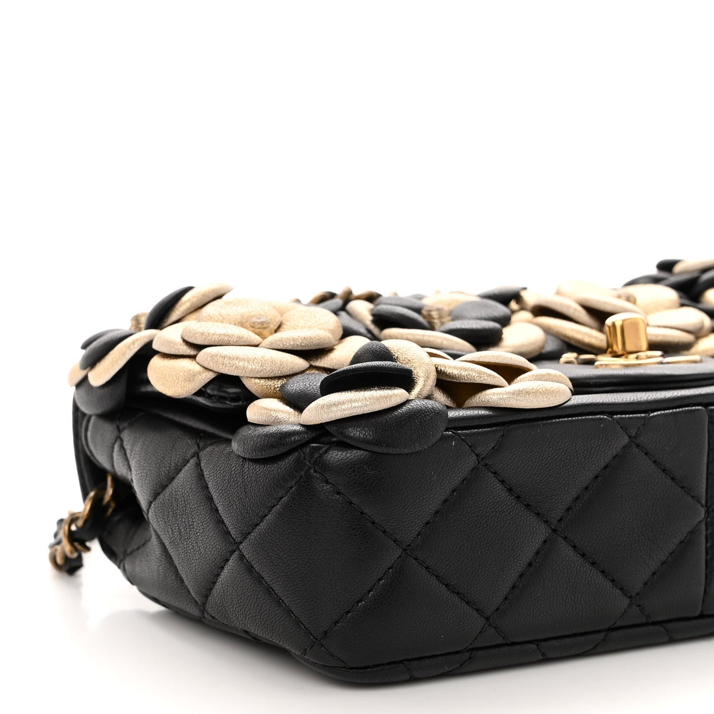 Metallic Lambskin Quilted Mini Camellia Flap Black Gold