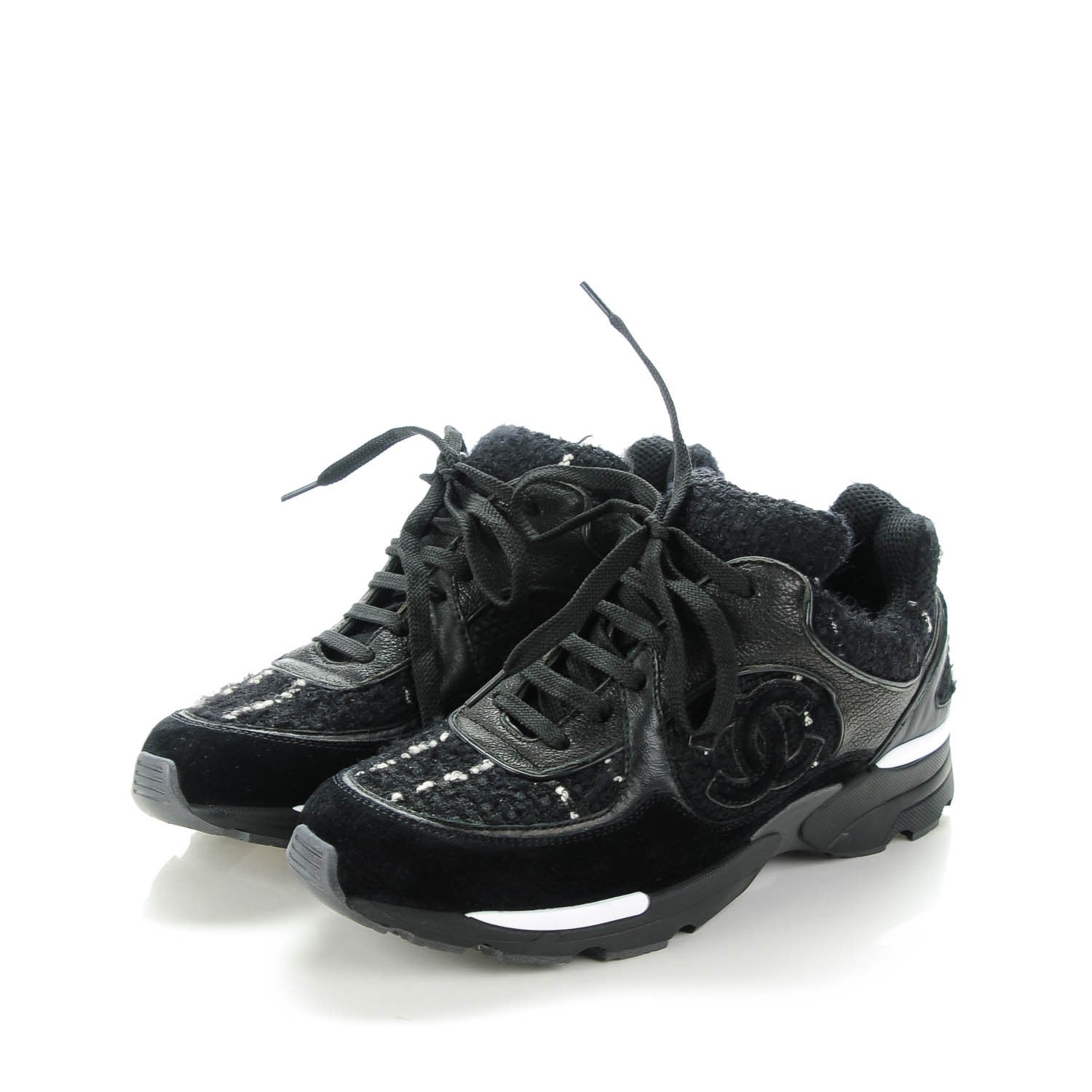Chanel Suede Tweed Goatskin CC Sneakers 35 Black 3 of 7