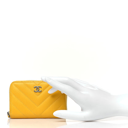 Chanel Caviar Chevron Quilted Zip Coin Purse Yellow 2 of 9