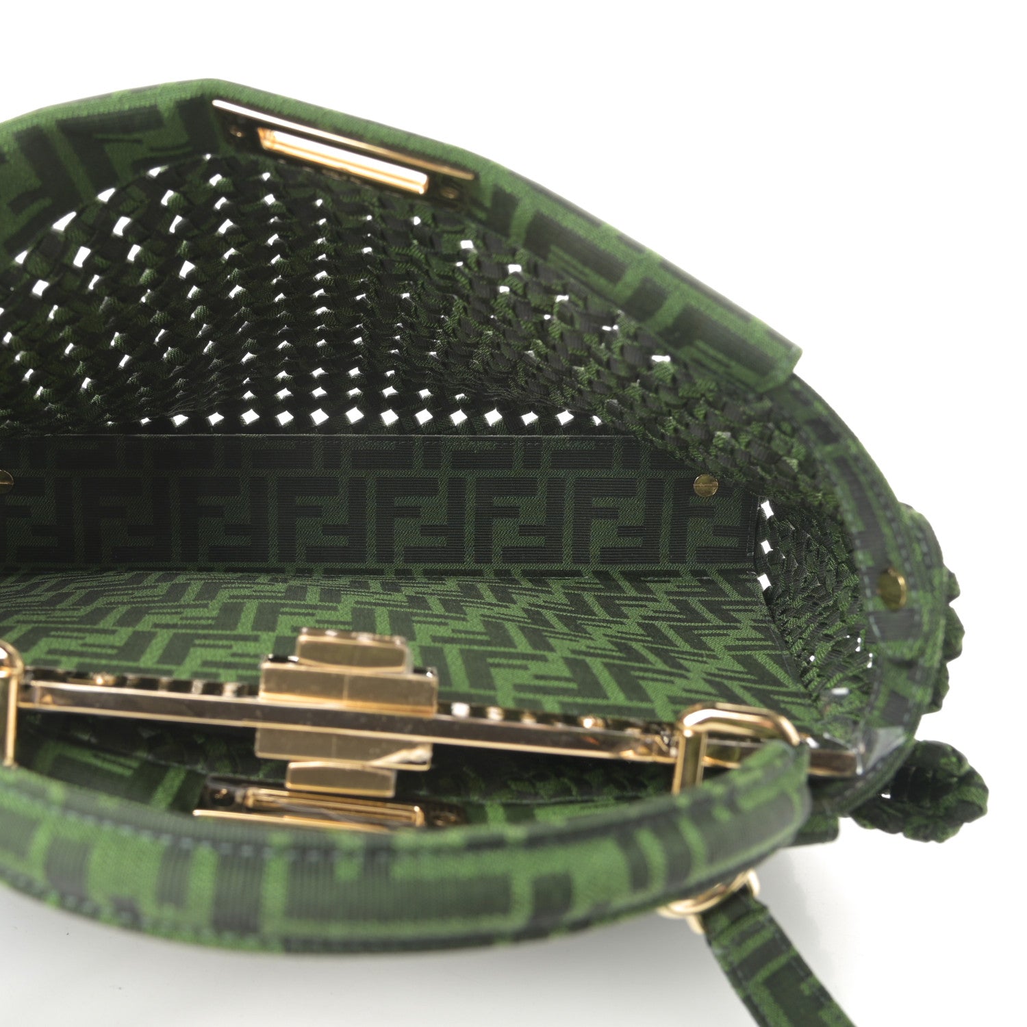 Fendi Fabric Jacquard FF 1974 Woven Knotted Medium Peekaboo Iconic Satchel Verde Black 5 of 11