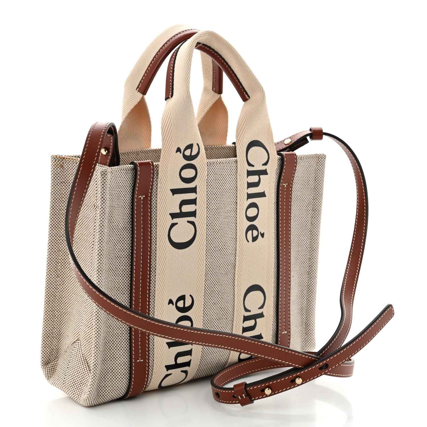 Chloe Cotton Calfskin Small Woody Ribbon Tote With Strap White Brown 3 of 11