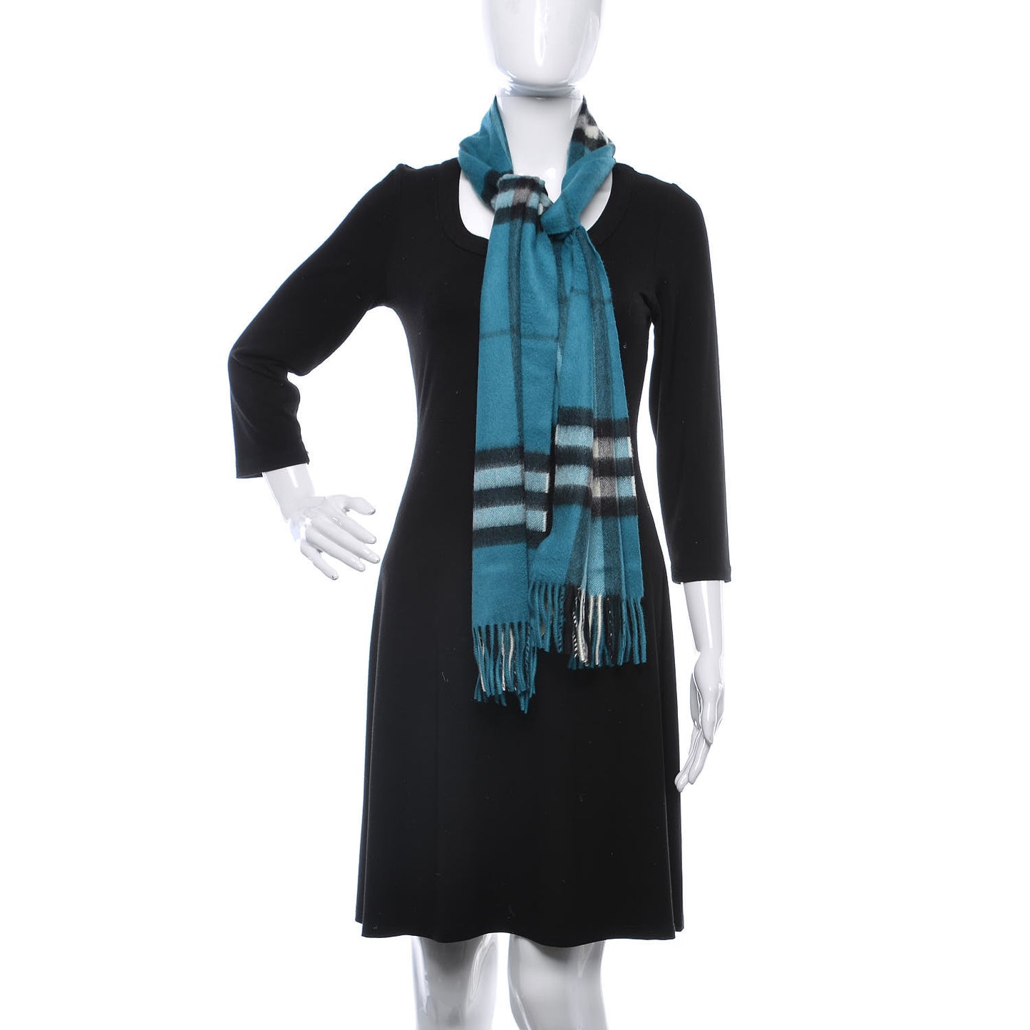 Cashmere Giant Check Fringe Scarf Dark Aqua