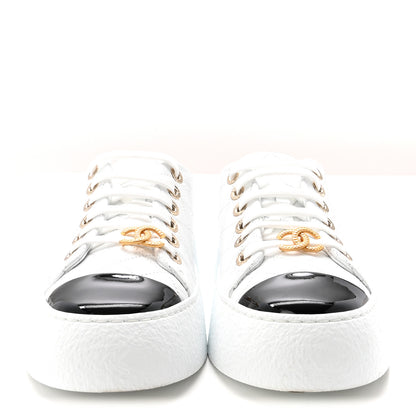 Chanel Crumpled Lambskin Patent Cap Toe CC Stitched Sneakers 37.5 White Black 3 of 10