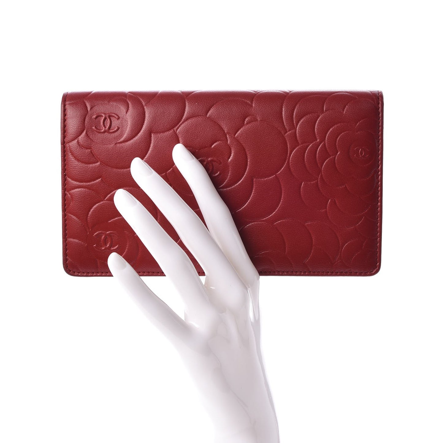 Lambskin Camellia Embossed Yen Wallet Dark Red