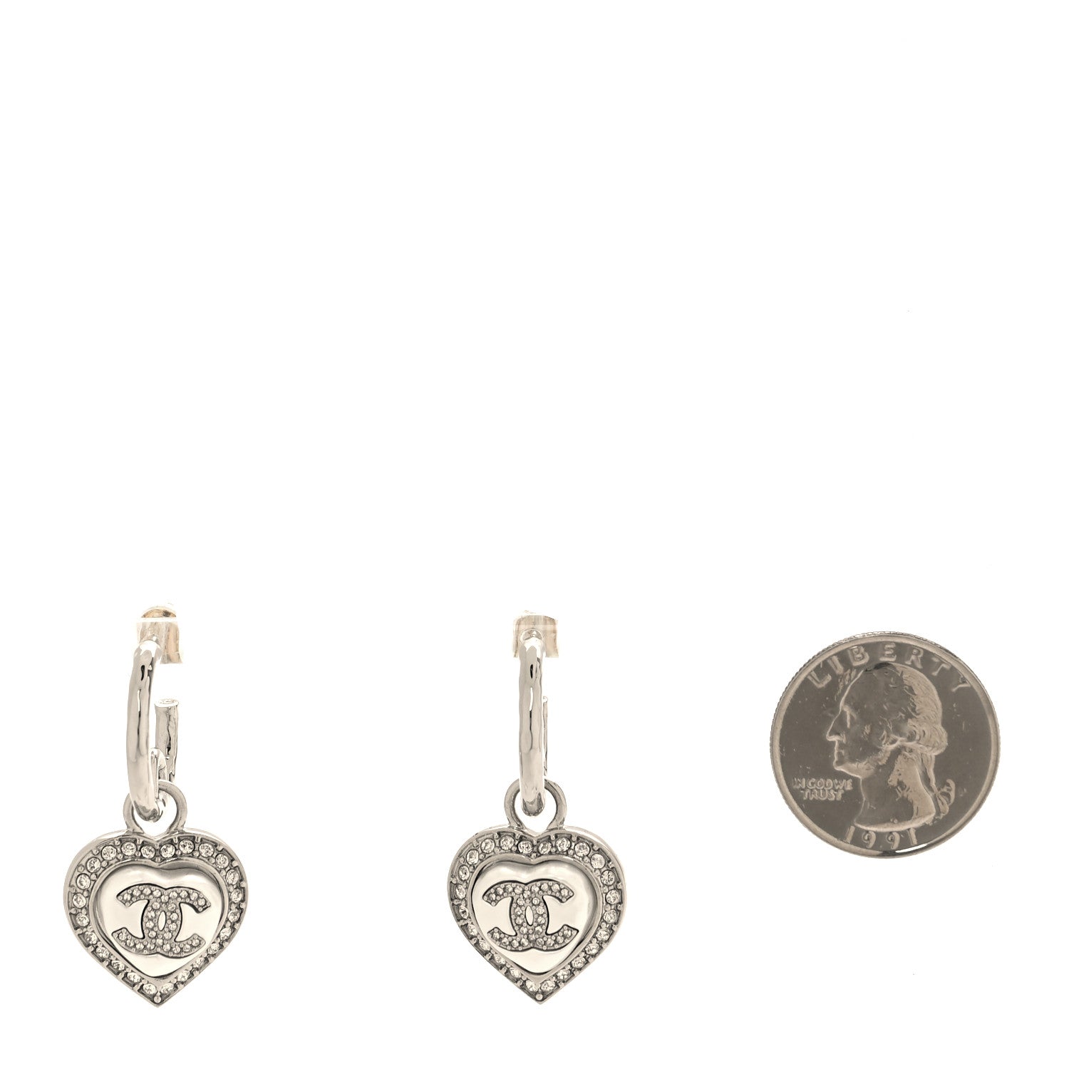 Chanel Pearl Crystal CC Heart Drop Earrings Silver 2 of 5