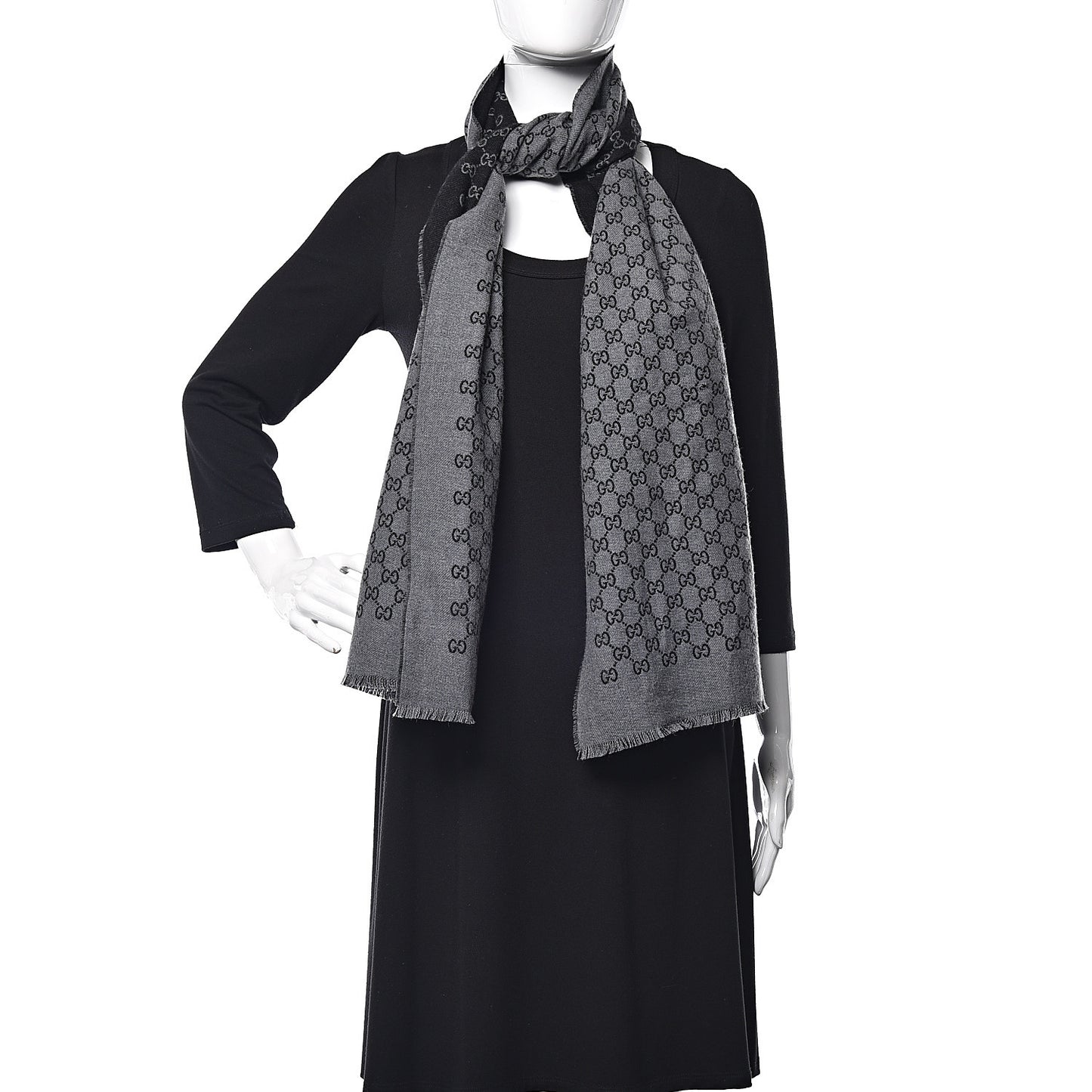 Wool Monogram Fringe Scarf Anthracite Black