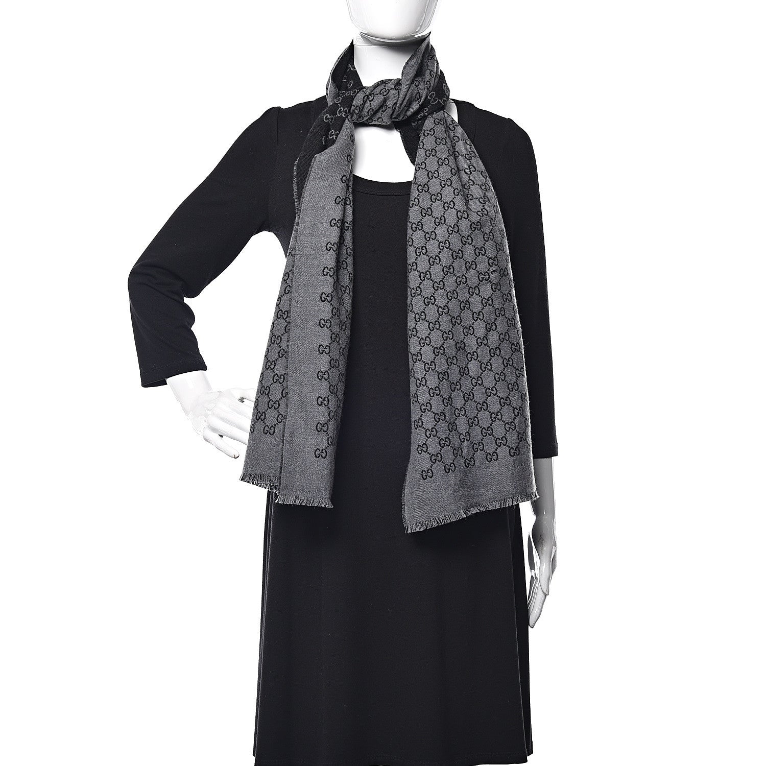 Gucci Wool Monogram Fringe Scarf Anthracite Black 2 of 5