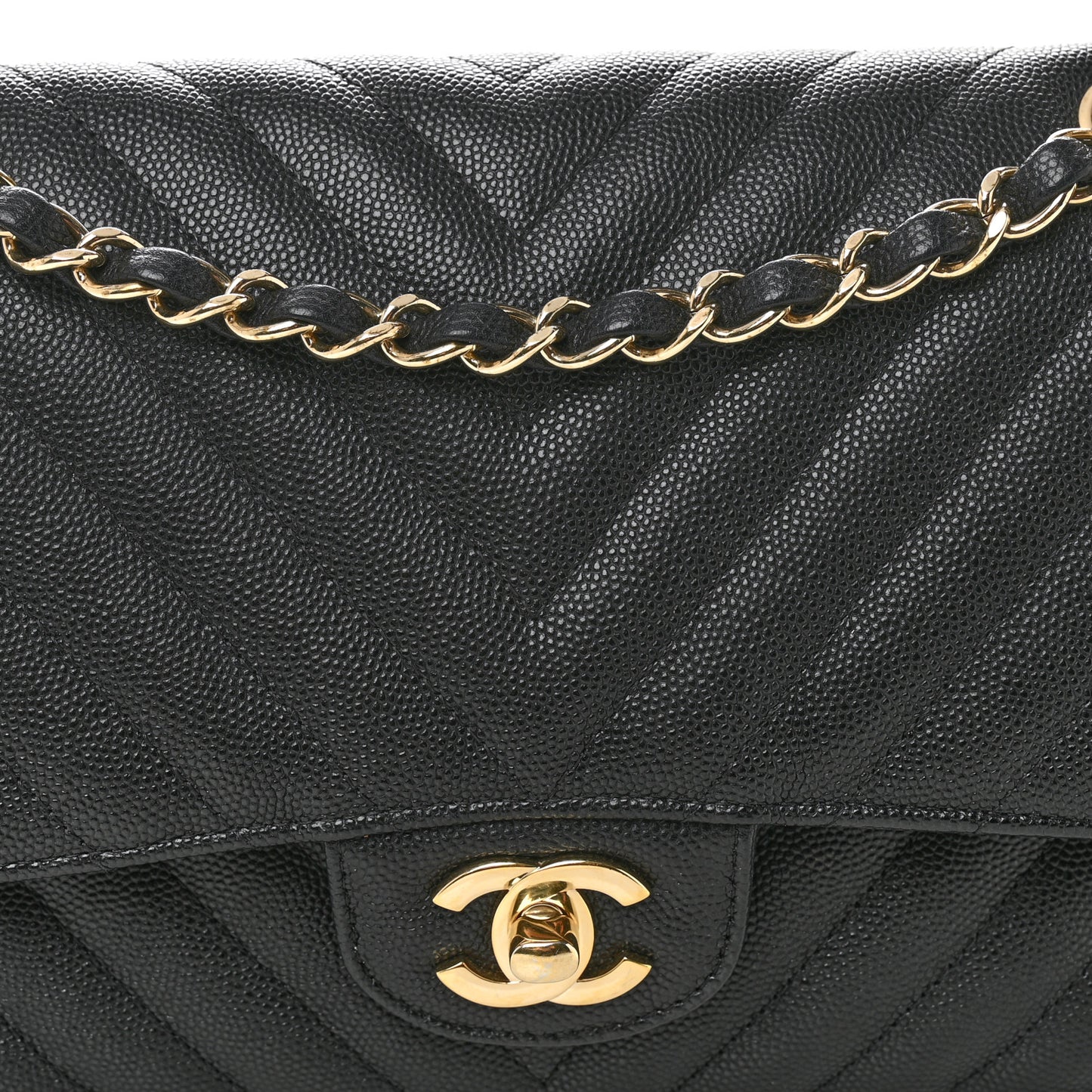 Caviar Chevron Quilted Medium Double Flap Black