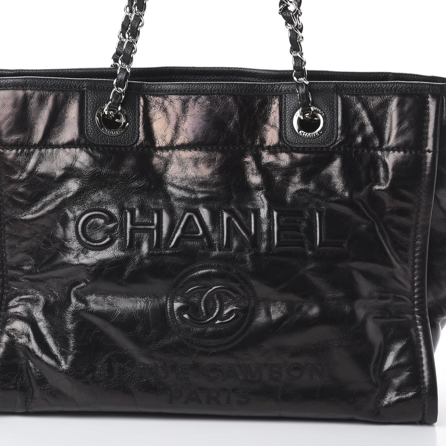 Glazed Calfskin Small Deauville Tote Black