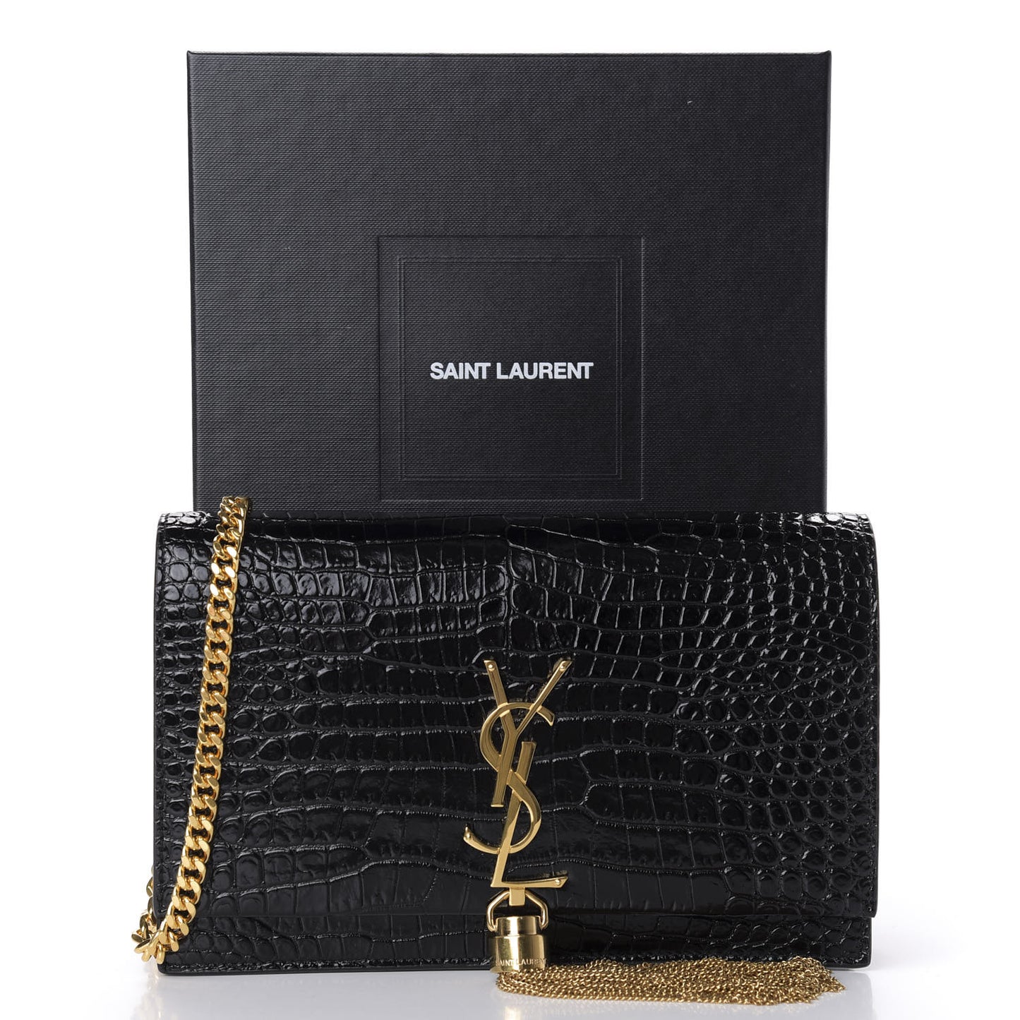 Calfskin Crocodile Embossed Kate Monogram Tassel Chain Wallet Black