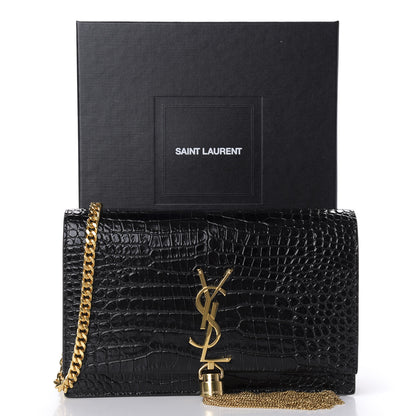 Saint Laurent Calfskin Crocodile Embossed Kate Monogram Tassel Chain Wallet Black 9 of 9