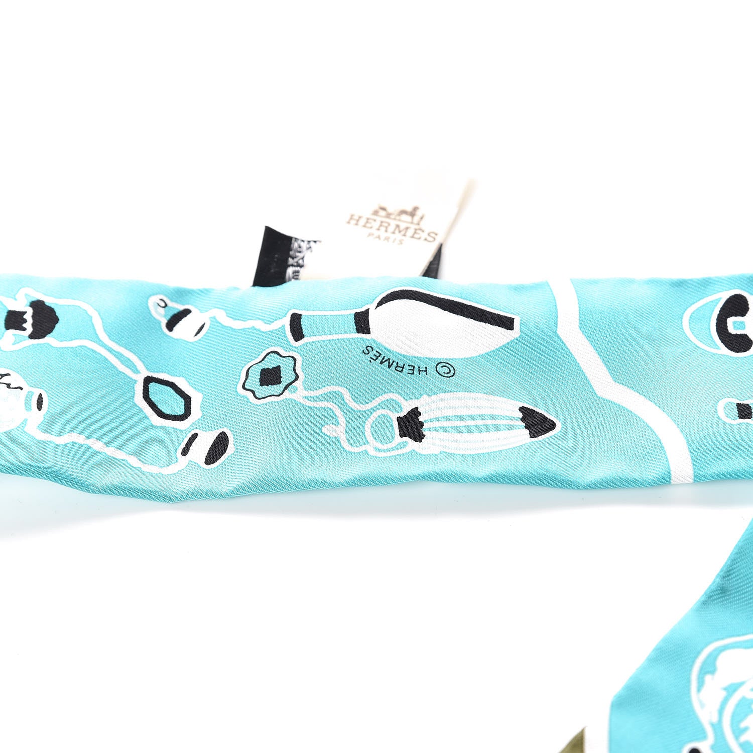 Hermes Silk Les Flacons Bandana Twilly Kaki Turquoise Blanc 3 of 4