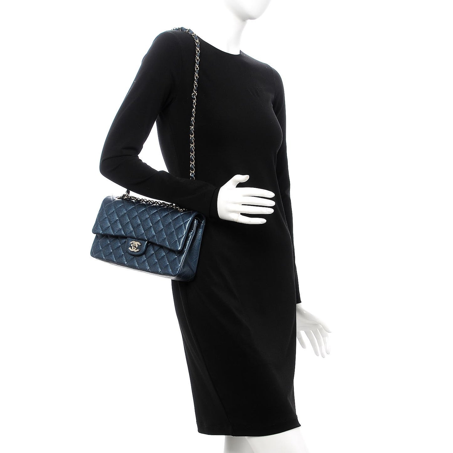 Metallic Caviar Quilted Medium Double Flap Dark Blue