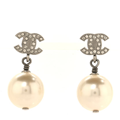 Chanel Crystal Pearl CC Drop Earrings Silver Pearly White 1 of 5