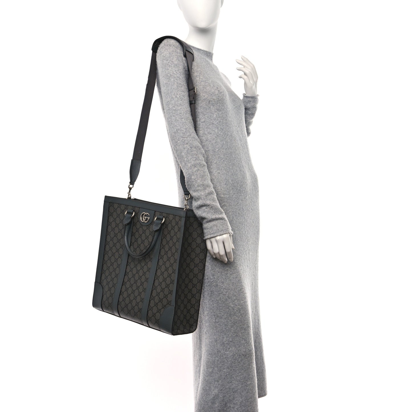 GG Supreme Monogram Textured Dollar Calfskin Medium Ophidia Tote Grey Black Graphite Grey