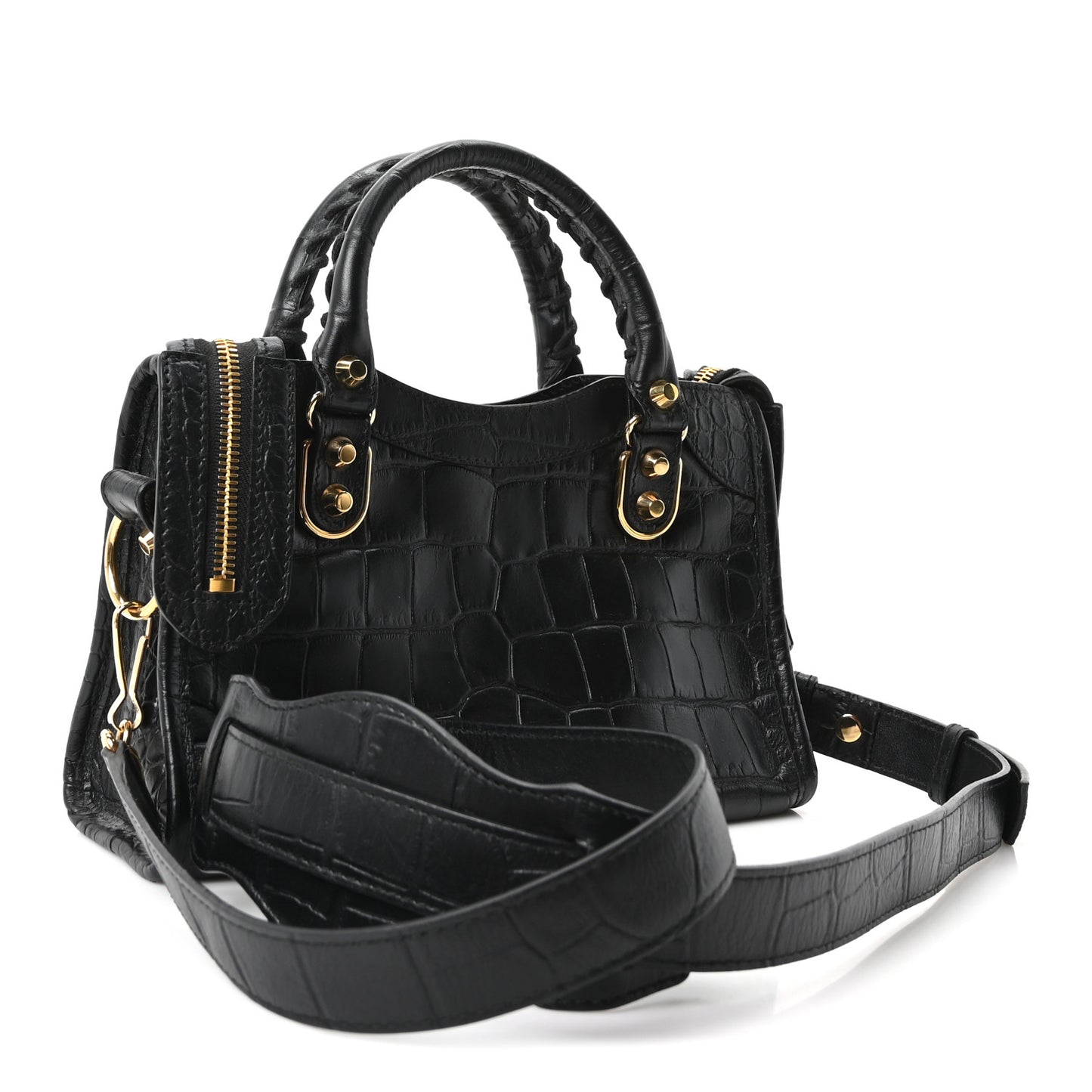 Calfskin Crocodile Embossed Gold Metallic Edge Hardware Mini City Black
