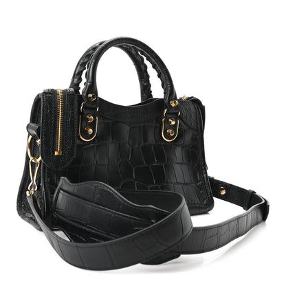 Balenciaga Calfskin Crocodile Embossed Gold Metallic Edge Hardware Mini City Black 3 of 10