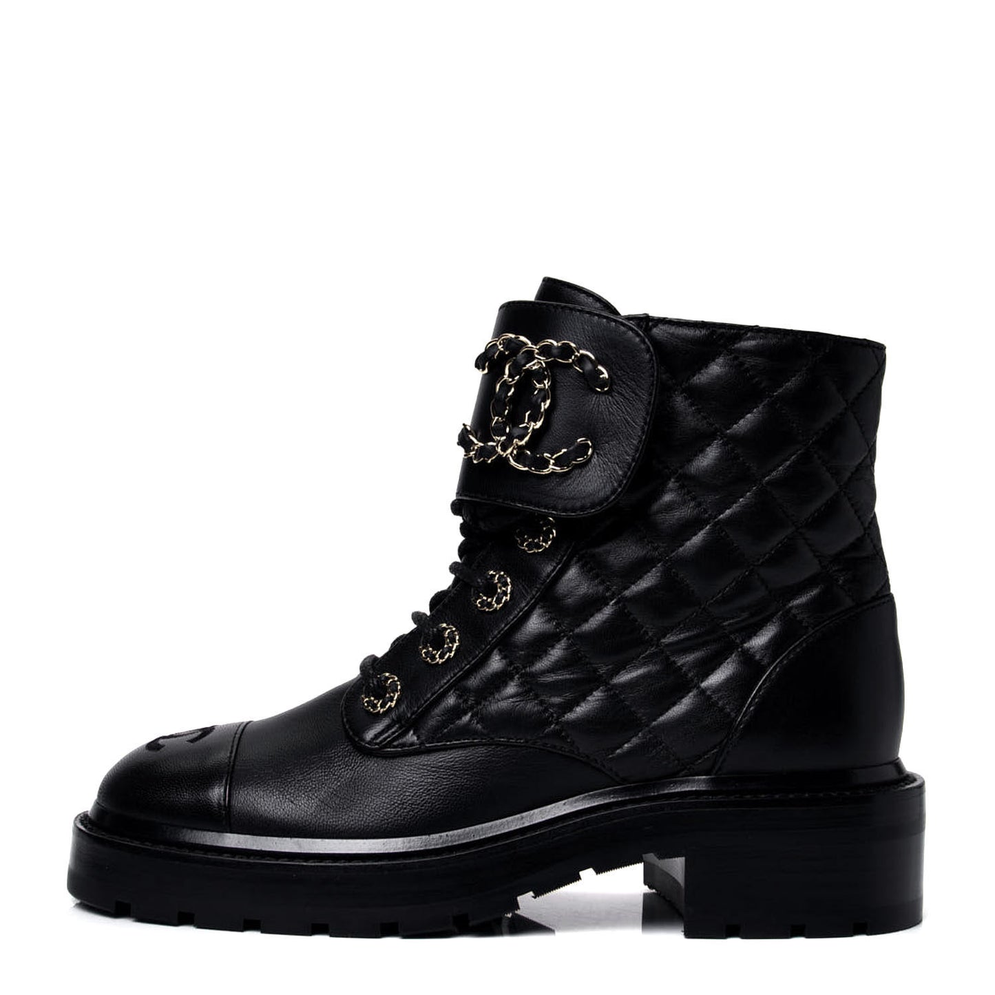 Shiny Lambskin Quilted Lace Up Combat Boots 36 Black