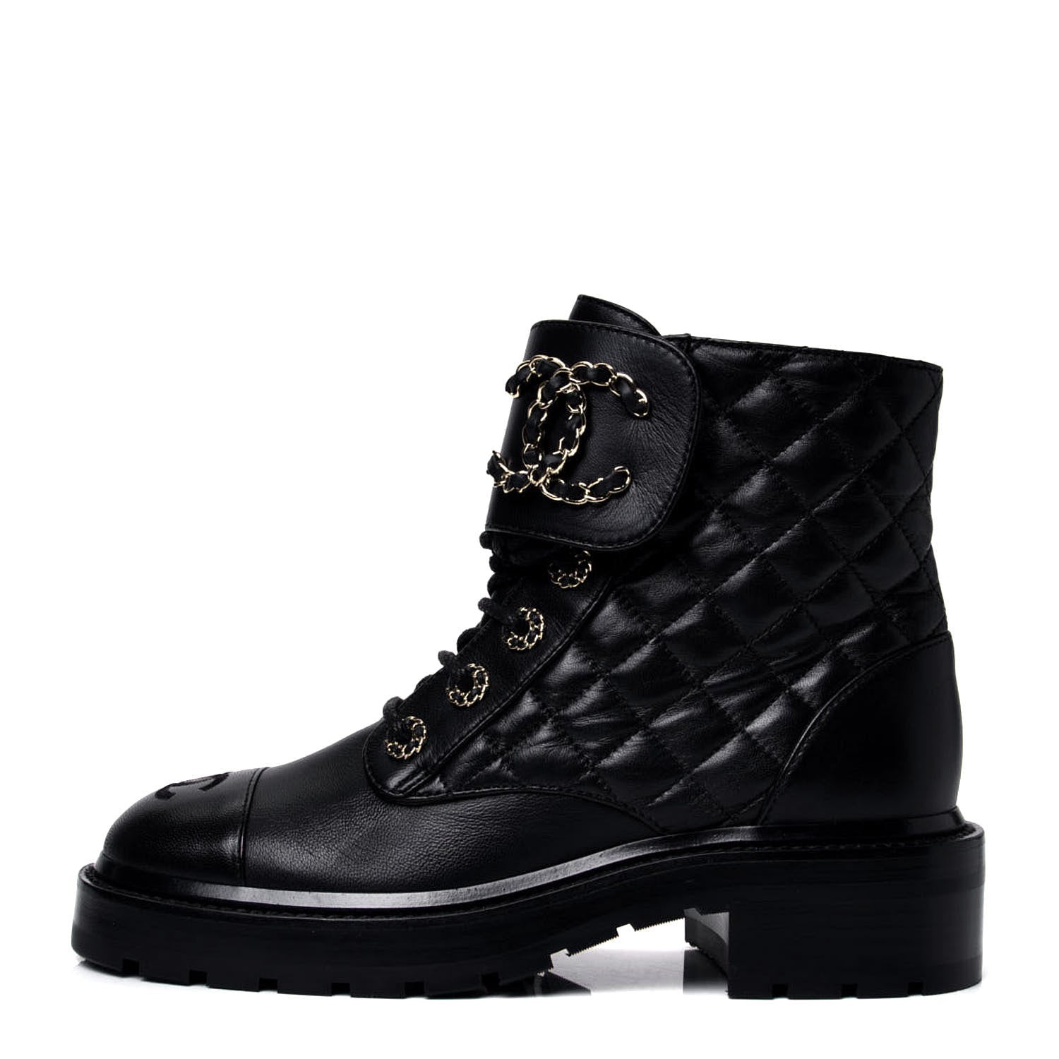 Chanel Shiny Lambskin Quilted Lace Up Combat Boots 36 Black 1 of 12