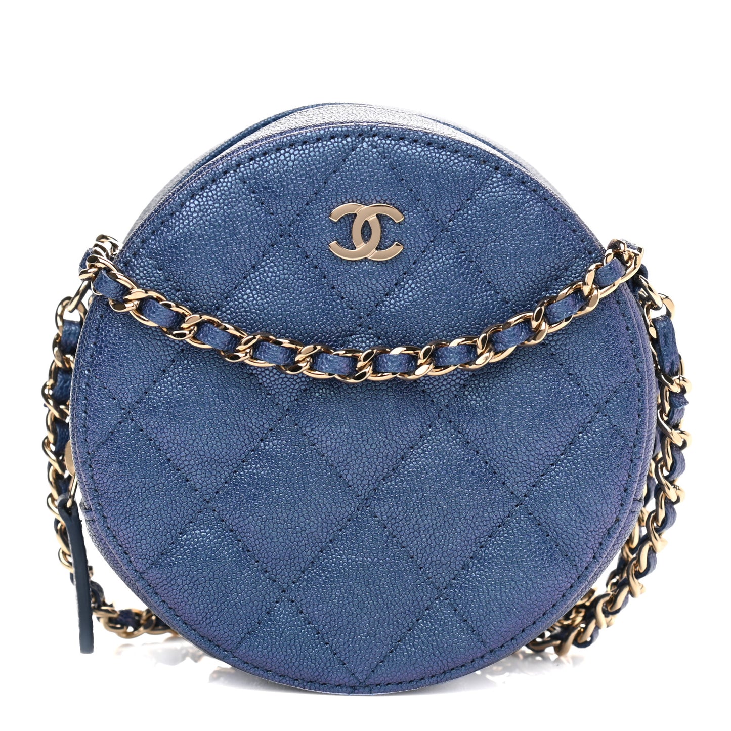 Iridescent Caviar Quilted Round Clutch With Chain Blue
