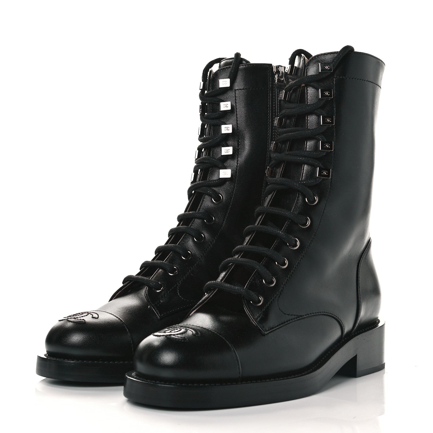 Chanel Calfskin Lace Up Combat Boots 36 Black 3 of 7