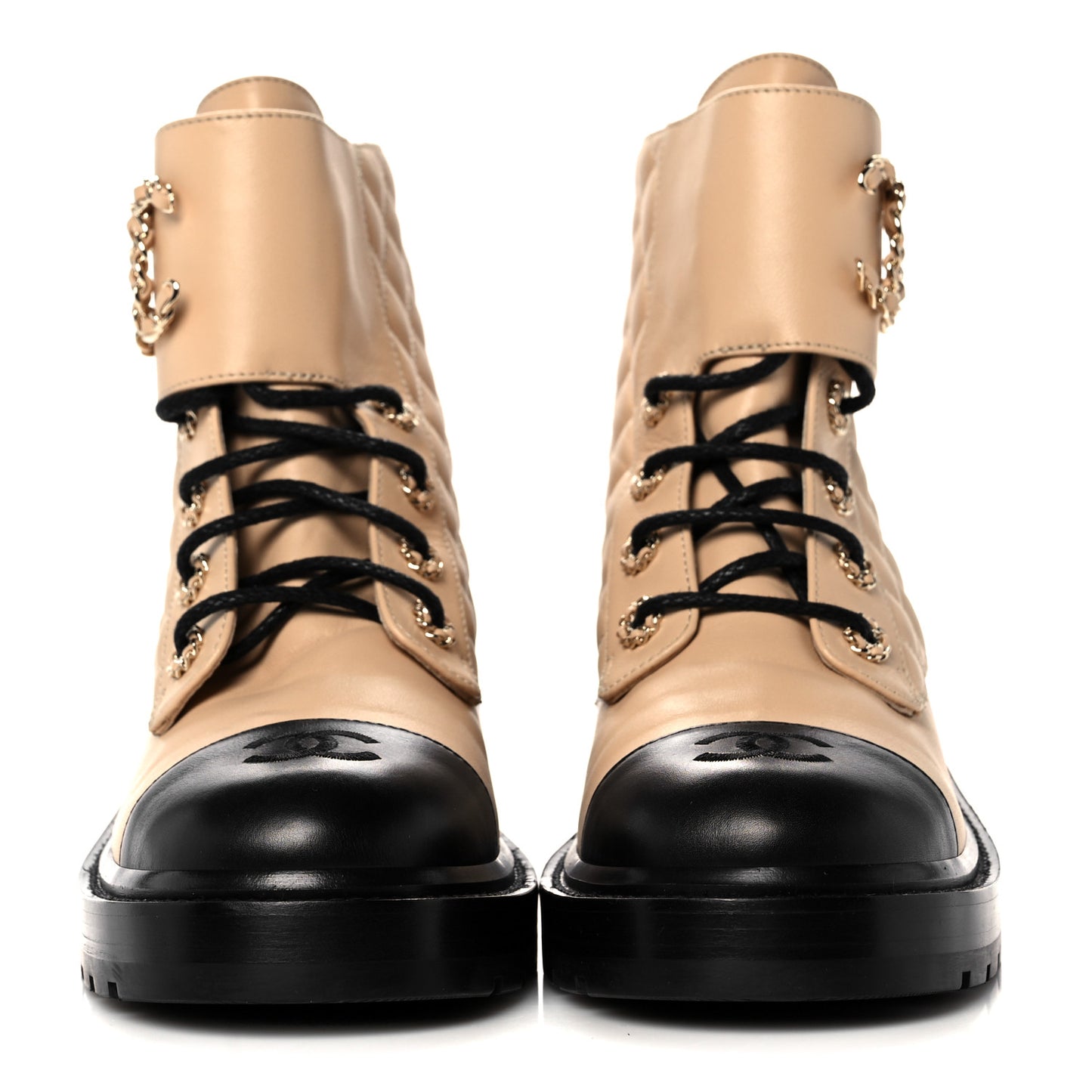 Shiny Lambskin Quilted Lace Up Combat Boots 39.5 Beige Black