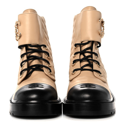 Chanel Shiny Lambskin Quilted Lace Up Combat Boots 39.5 Beige Black 2 of 9
