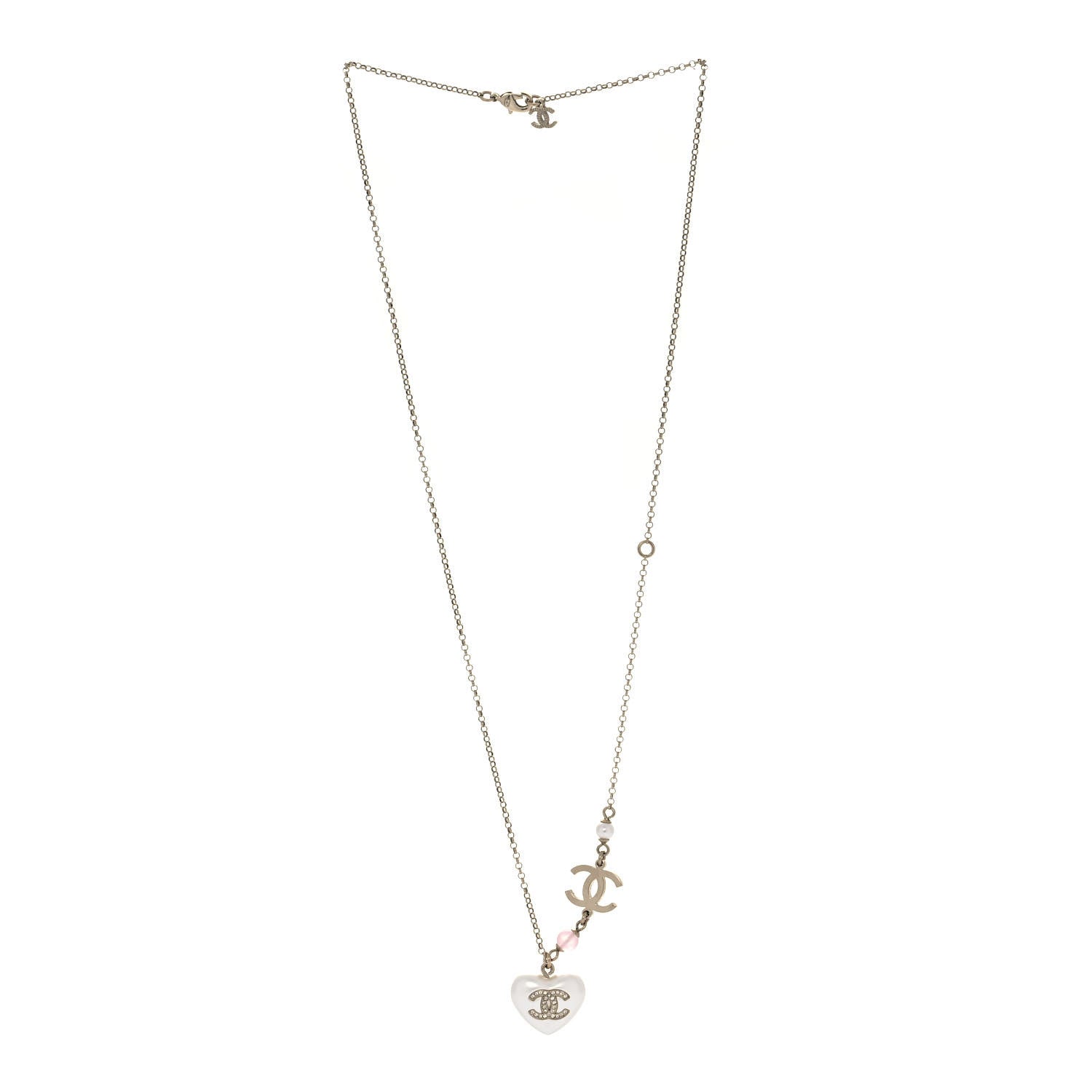 Chanel Resin Crystal CC Heart Necklace Pearly White Gold 3 of 5