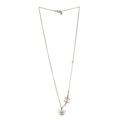 Chanel Resin Crystal CC Heart Necklace Pearly White Gold 3 of 5
