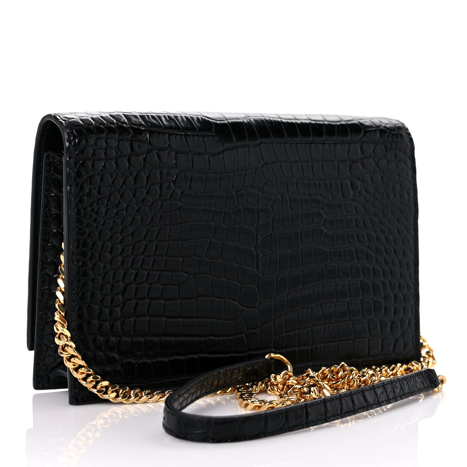 Saint Laurent Calfskin Crocodile Embossed Kate Monogram Tassel Chain Wallet Black 3 of 11