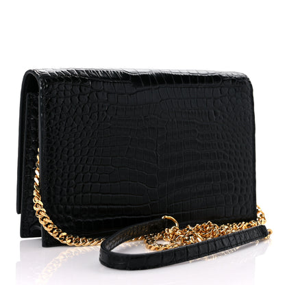 Saint Laurent Calfskin Crocodile Embossed Kate Monogram Tassel Chain Wallet Black 3 of 11