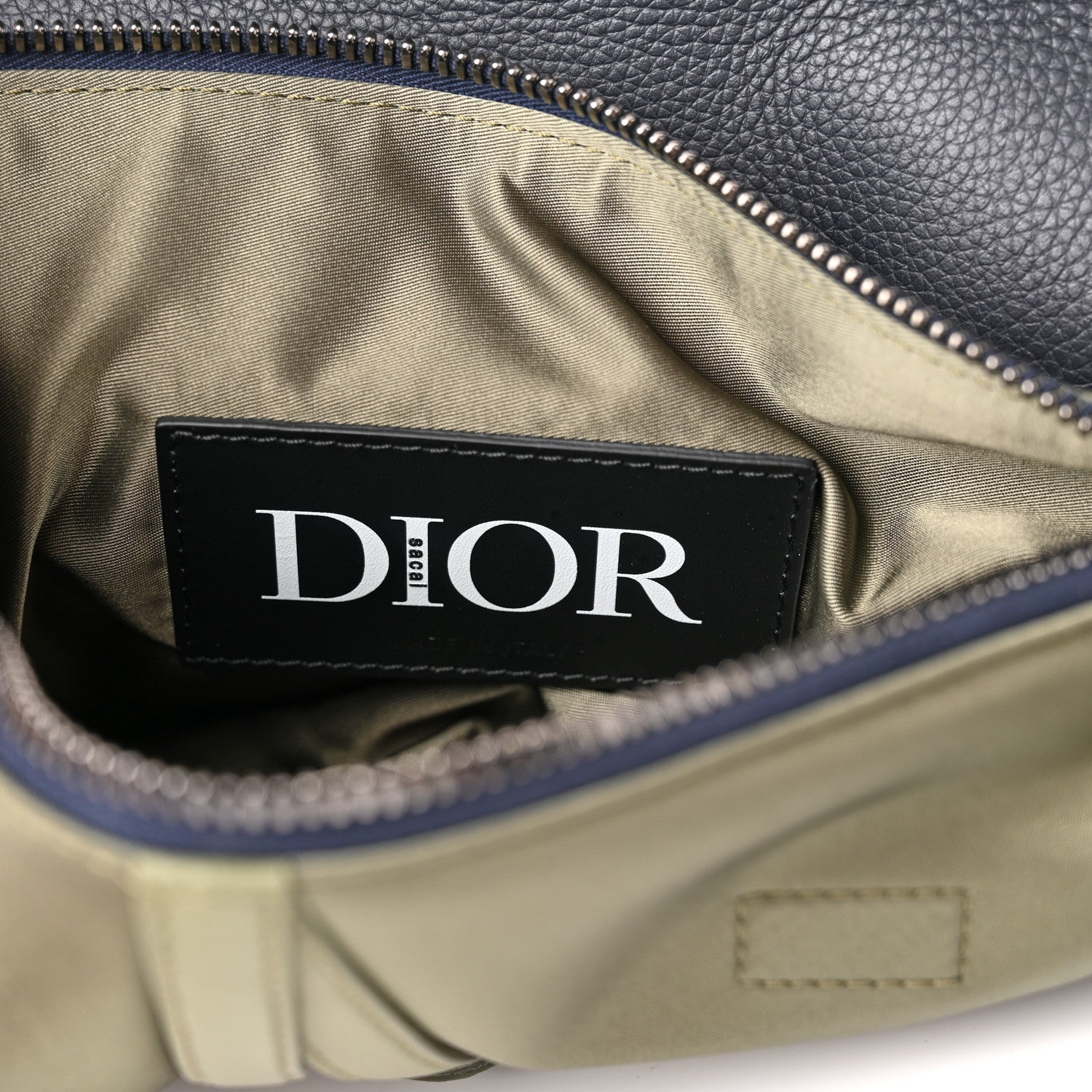 Christian Dior X SACAI Grained Calfskin Technical Fabric Mens Saddle Bag Olive Navy Blue 7 of 10